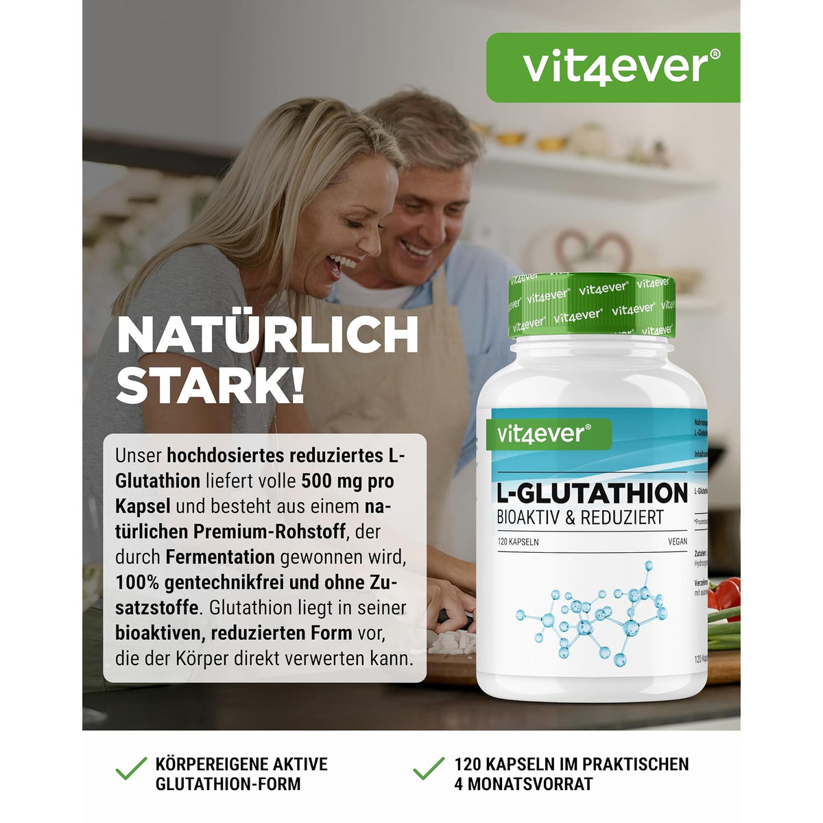 Vit4ever L-Glutathion 500mg 120 Kapseln – Etikett mit Inhaltsstoffen und Dosierung