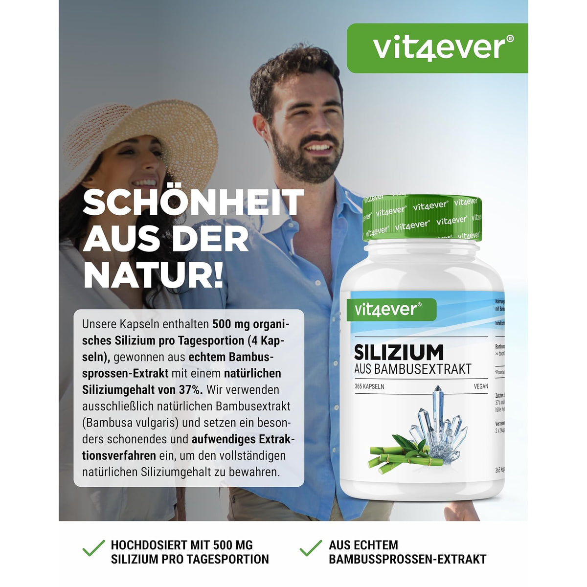 Vit4ever Silizium aus Bambus-Extrakt 500mg 365 Kapseln – Etikett mit Inhaltsstoffen und Dosierung
