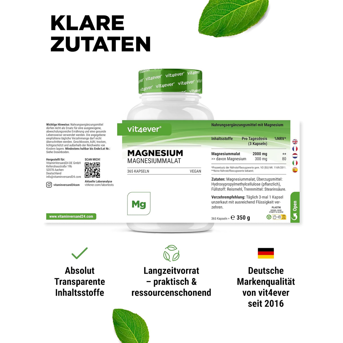 Vit4ever Magnesiummalat 365 Kapseln – empfohlene Anwendung und Einnahme