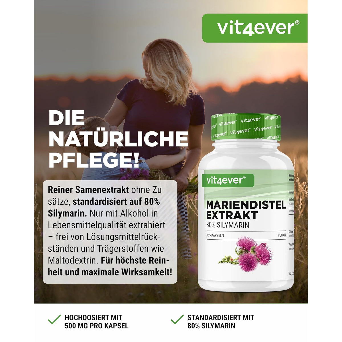 Vit4ever Mariendistelextrakt (80% Silymarin) 500mg 180 & 365 Kapseln – Etikett mit Inhaltsstoffen und Dosierung