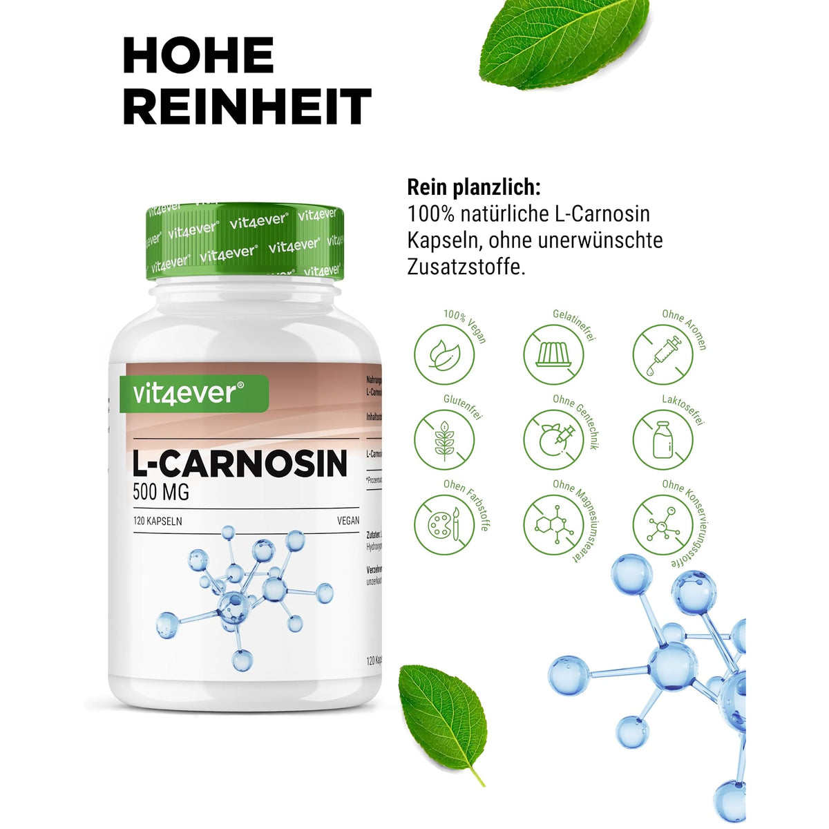 Vit4ever L-Carnosin 500mg 120 Kapseln – Nährwerte und Zutaten auf der Verpackung