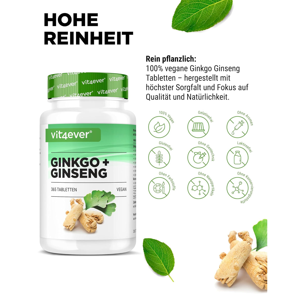 Vit4ever Ginkgo + Ginseng 50:1 Extrakt 365 Tabletten – Nährwerte und Zutaten auf der Verpackung