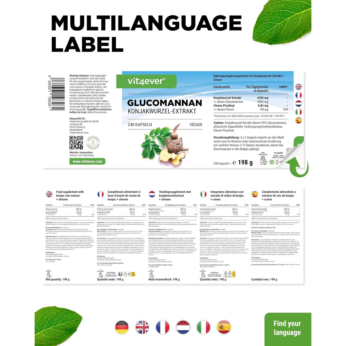 Vit4ever Glucomannan Konjakwurzel + Chrom 180 oder 240 Kapseln – Verpackung Rückseite