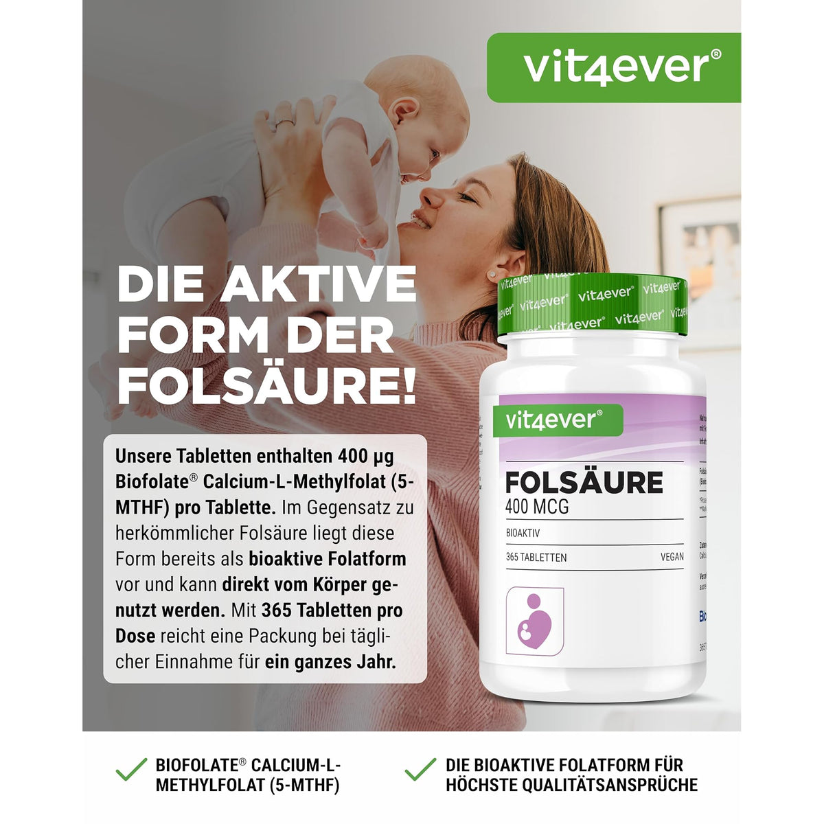 Vit4ever Folsäure 400 mcg 365 Tabletten – Etikett mit Inhaltsstoffen und Dosierung