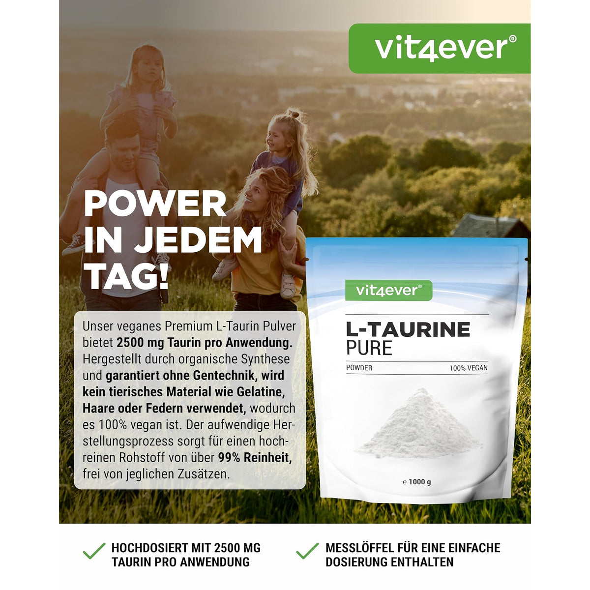 Vit4ever Taurin Pulver 2500mg 1000 g – Etikett mit Inhaltsstoffen und Dosierung
