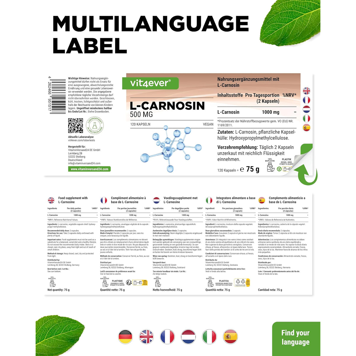 Vit4ever L-Carnosin 500mg 120 Kapseln – Verpackung Rückseite