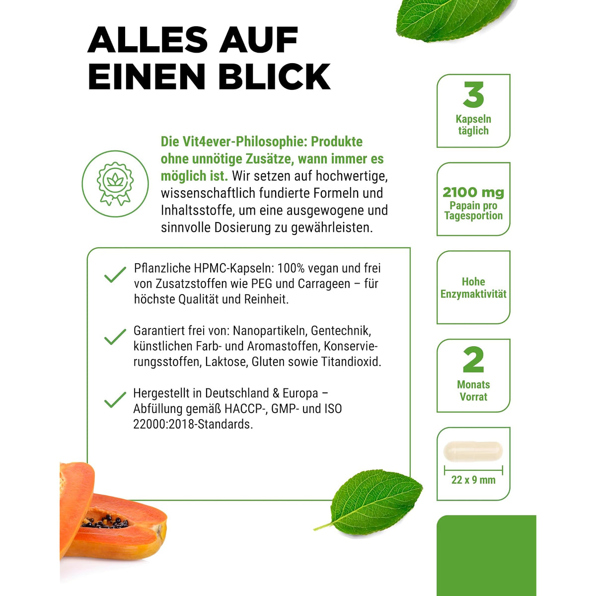 Vit4ever Papaya Enzym 180 Kapseln – Verpackung Rückseite