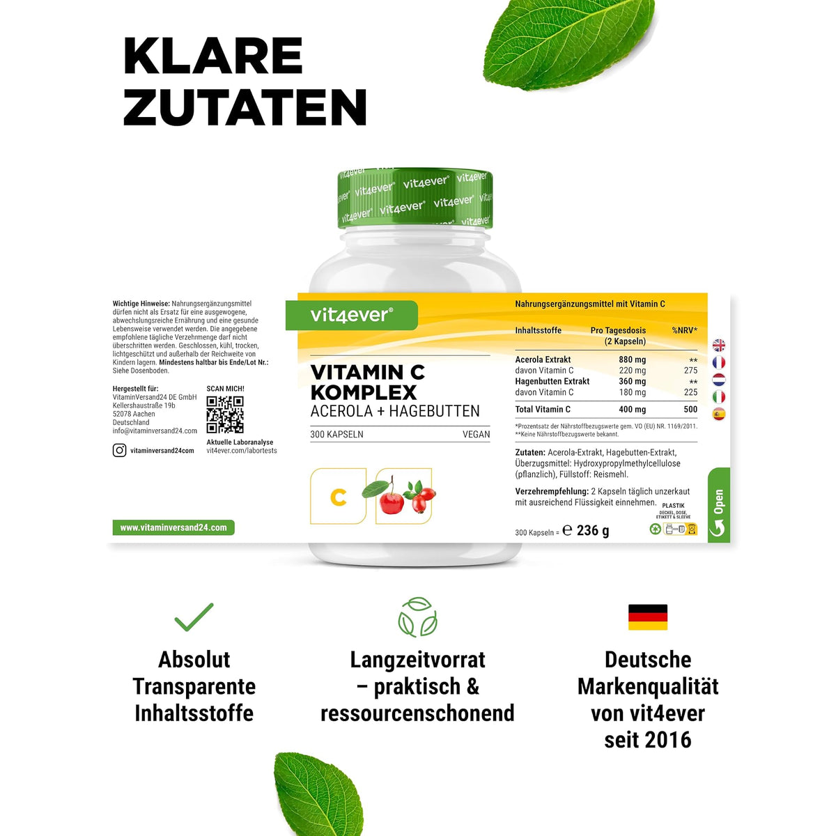 Vit4ever Vitamin C Complex (Acerola + Hagebutte) 300 Kapseln – empfohlene Anwendung und Einnahme
