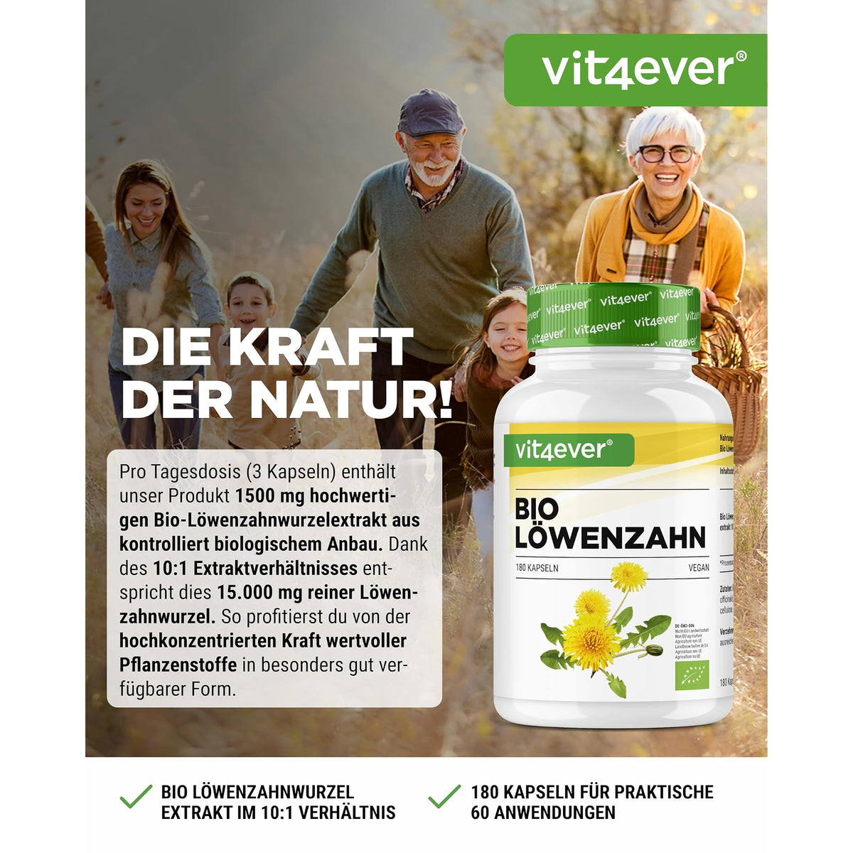 Vit4ever Bio Löwenzahnwurzel-Extrakt 10:1 240 Kapseln – Etikett mit Inhaltsstoffen und Dosierung