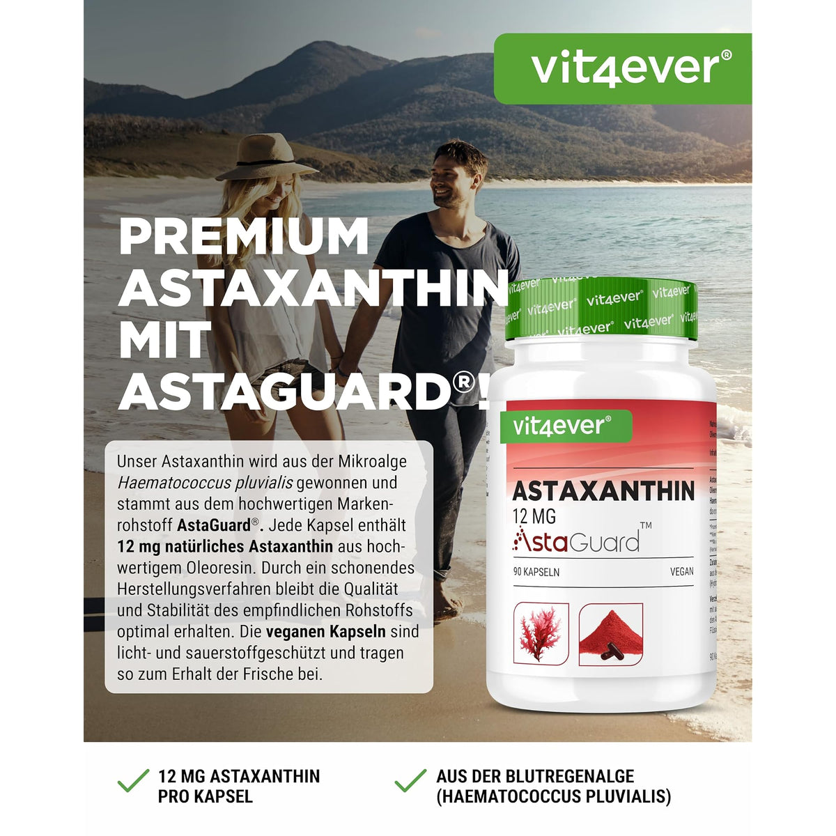 Vit4ever Astaxanthin 12mg AstaGuard® 90 Kapseln – Etikett mit Inhaltsstoffen und Dosierung