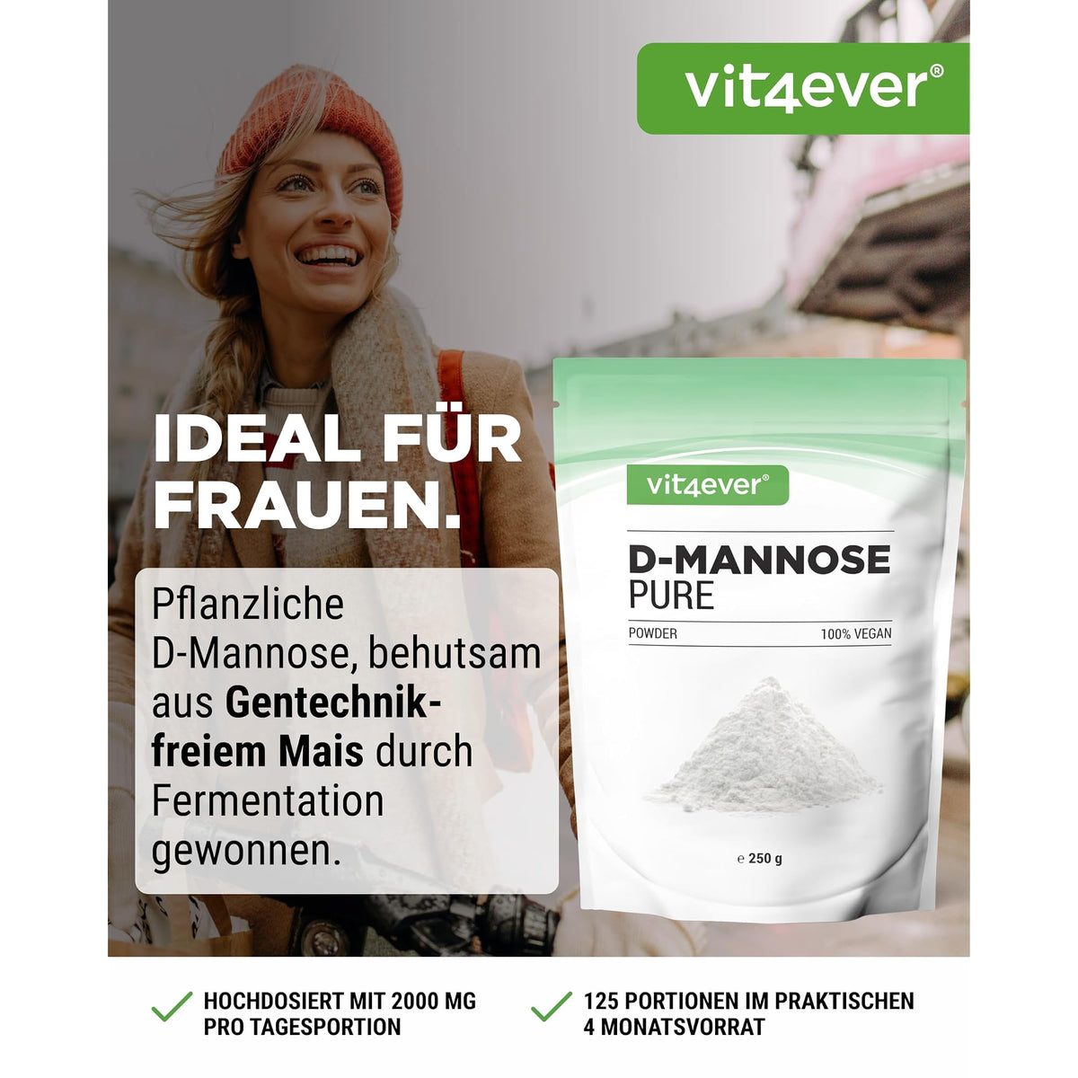 Vit4ever D-Mannose Pulver 250 g – Etikett mit Inhaltsstoffen und Dosierung