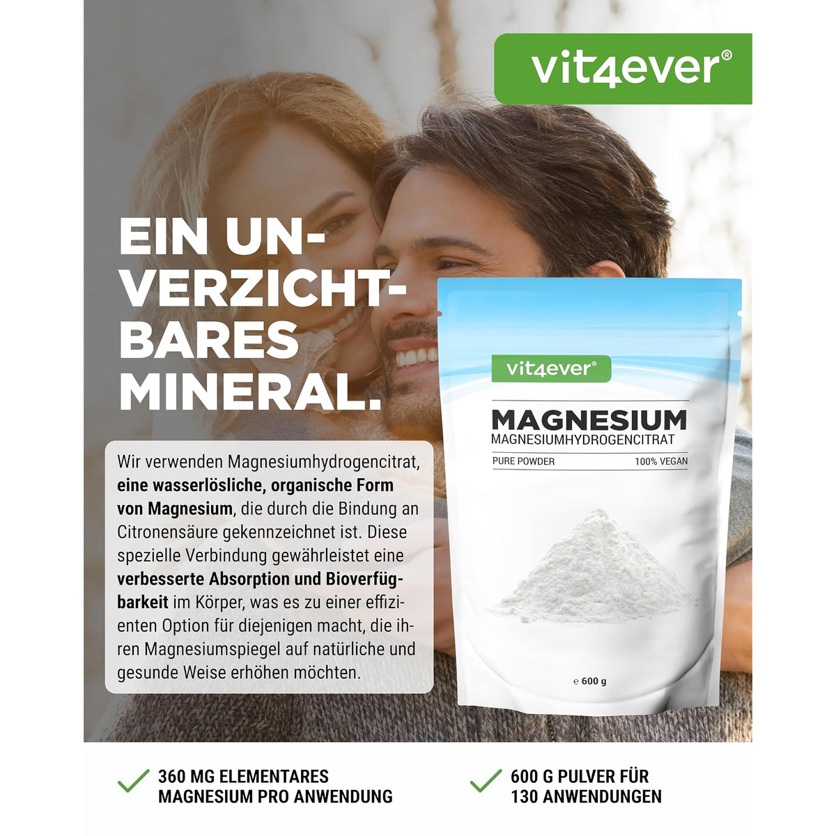 Vit4ever Magnesiumcitrat Pulver 600 g – Etikett mit Inhaltsstoffen und Dosierung