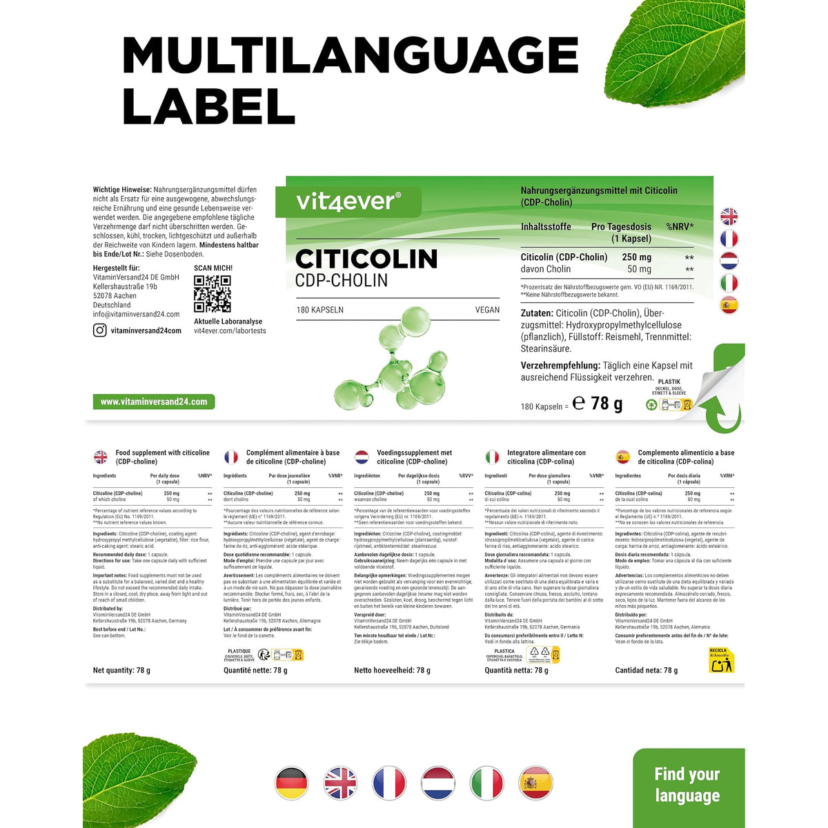Vit4ever CDP-Cholin (Citicolin) 180 Kapseln – Verpackung Rückseite