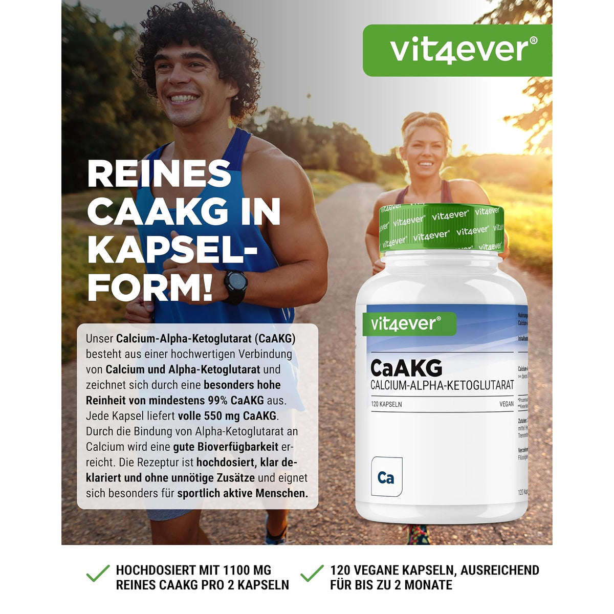 Vit4ever Calcium-Alpha-Ketoglutarat (CaAKG) 120 Kapseln – Etikett mit Inhaltsstoffen und Dosierung