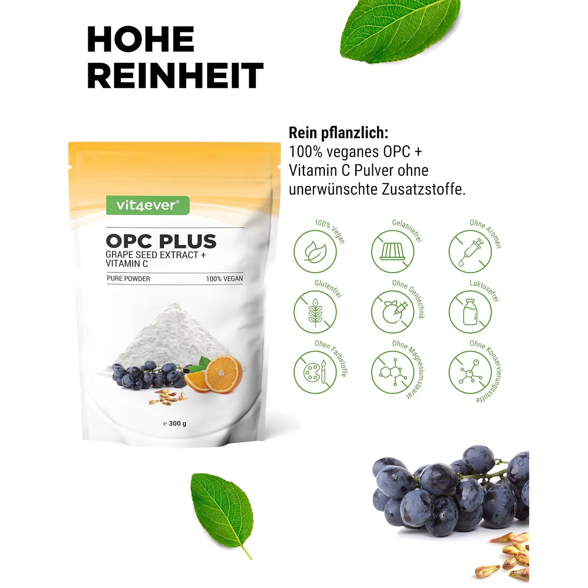 Vit4ever OPC Traubenkernextrakt + Vitamin C Pulver 300g – Nährwerte und Zutaten auf der Verpackung
