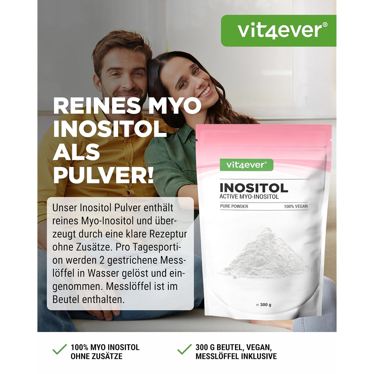 Vit4ever Myo-Inositol Pulver 4000mg 300 g – Etikett mit Inhaltsstoffen und Dosierung