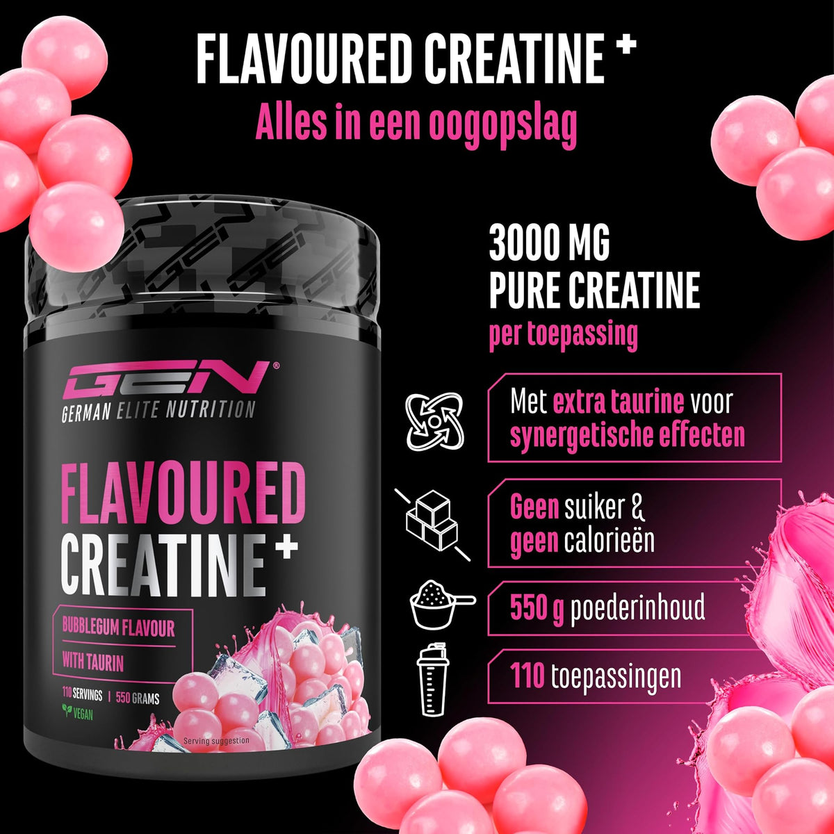 German Elite Nutrition Flavoured Creatine+ Bubblegum 550 g - sportsupplement zonder onnodige toevoegingen