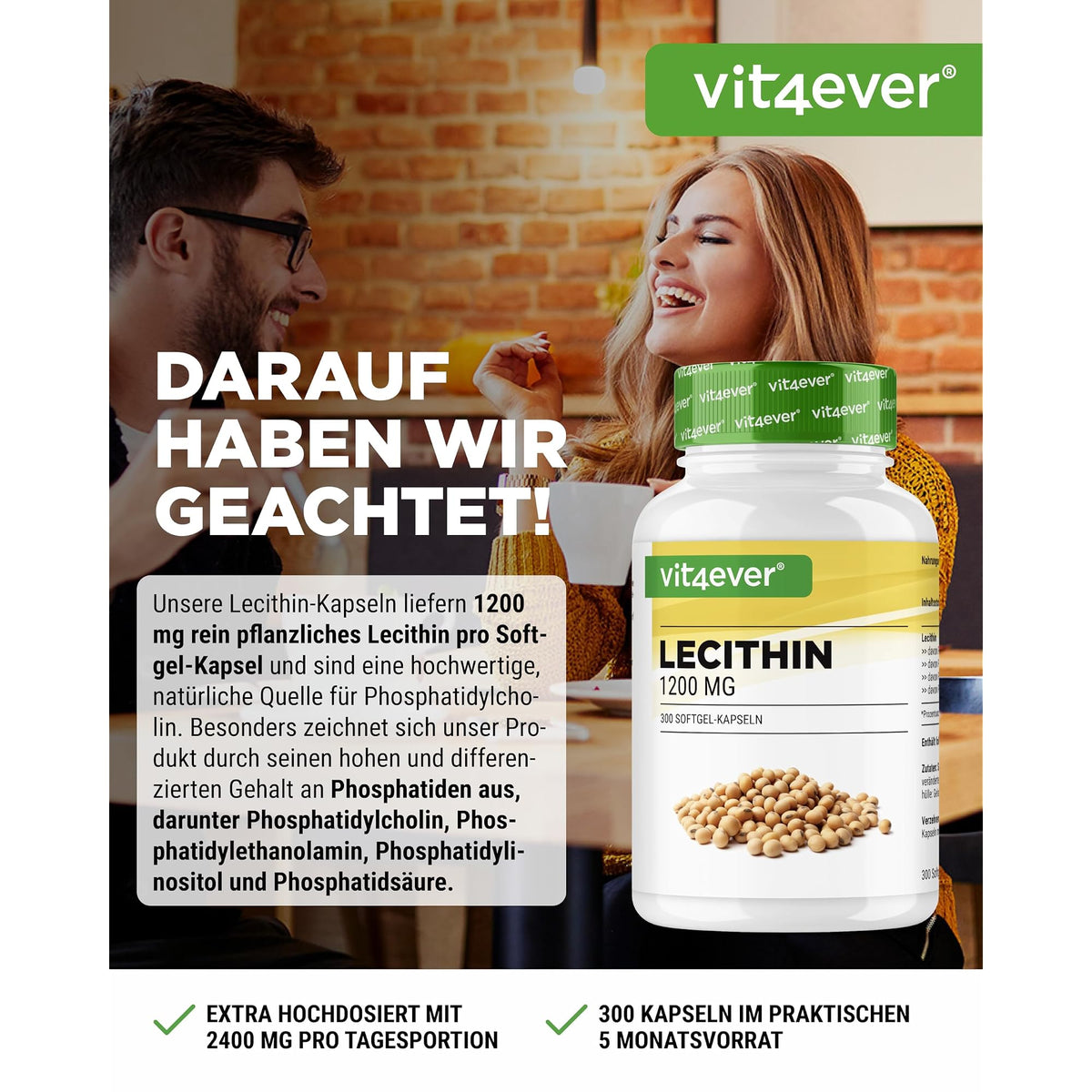 Vit4ever Lecithin 1200 mg 300 Softgels – Etikett mit Inhaltsstoffen und Dosierung
