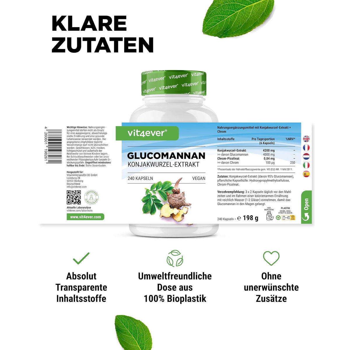 Vit4ever Glucomannan Konjakwurzel + Chrom 180 oder 240 Kapseln – empfohlene Anwendung und Einnahme
