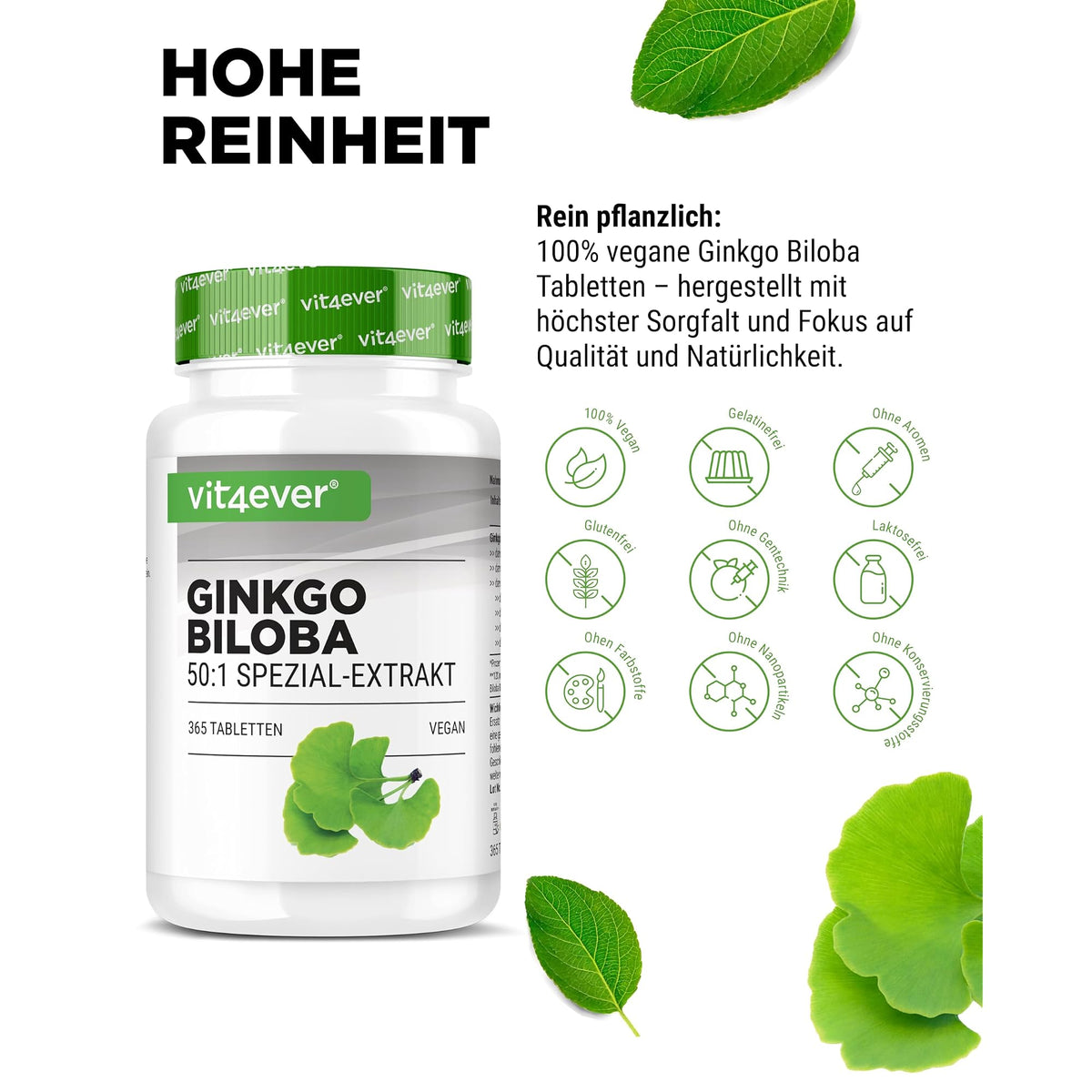 Vit4ever Ginkgo Biloba 50:1 Extrakt 365 Tabletten – Nährwerte und Zutaten auf der Verpackung