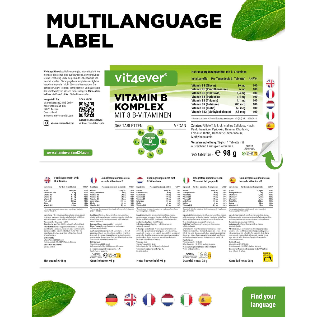 Vit4ever Vitamin B-Komplex 365 Tabletten – Verpackung Rückseite