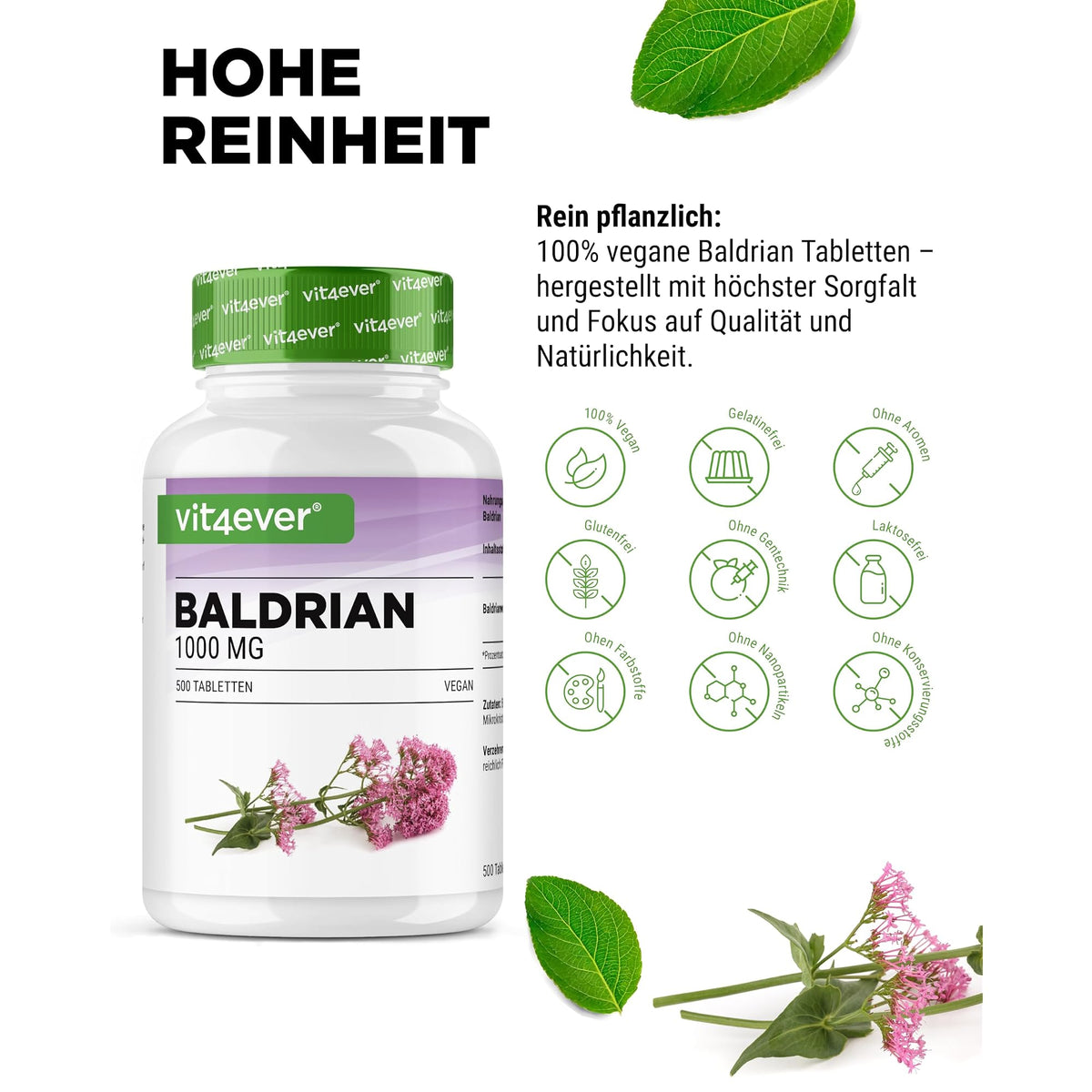 Vit4ever Baldrian 500mg 500 Tabletten – Nährwerte und Zutaten auf der Verpackung
