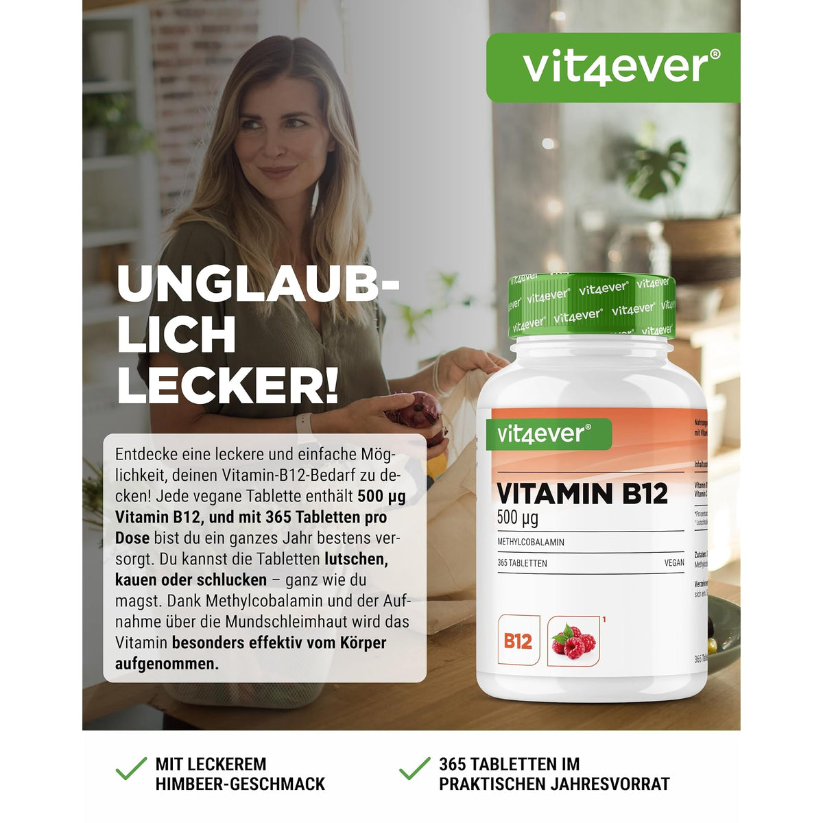 Vit4ever Vitamin B12 500 µg Himbeere (Methylcobalamin) 365 Lutschtabletten – Etikett mit Inhaltsstoffen und Dosierung