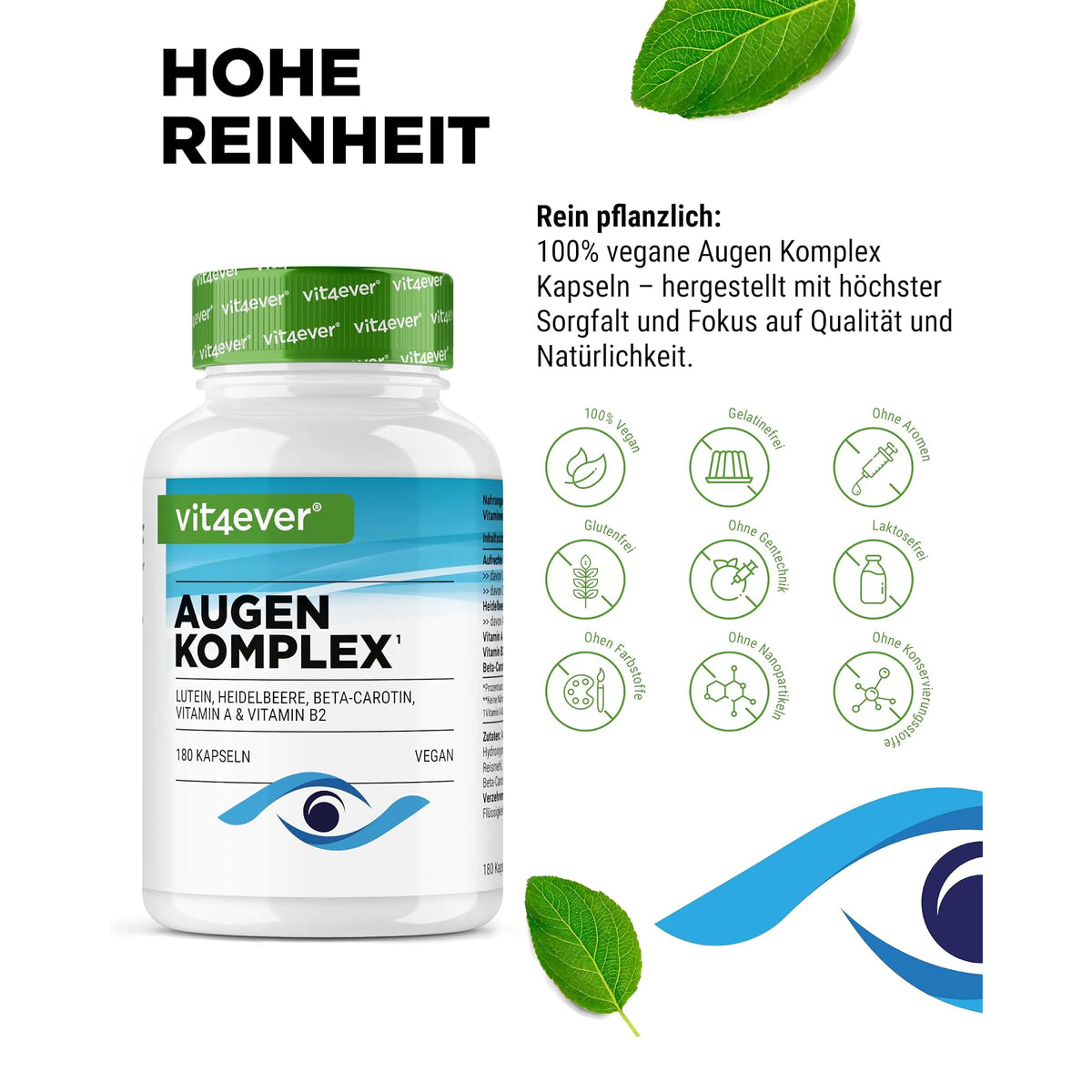Vit4ever Augen Complex mit Lutein, Vitamin A & B2 180 Kapseln – Produkt aus der Nähe