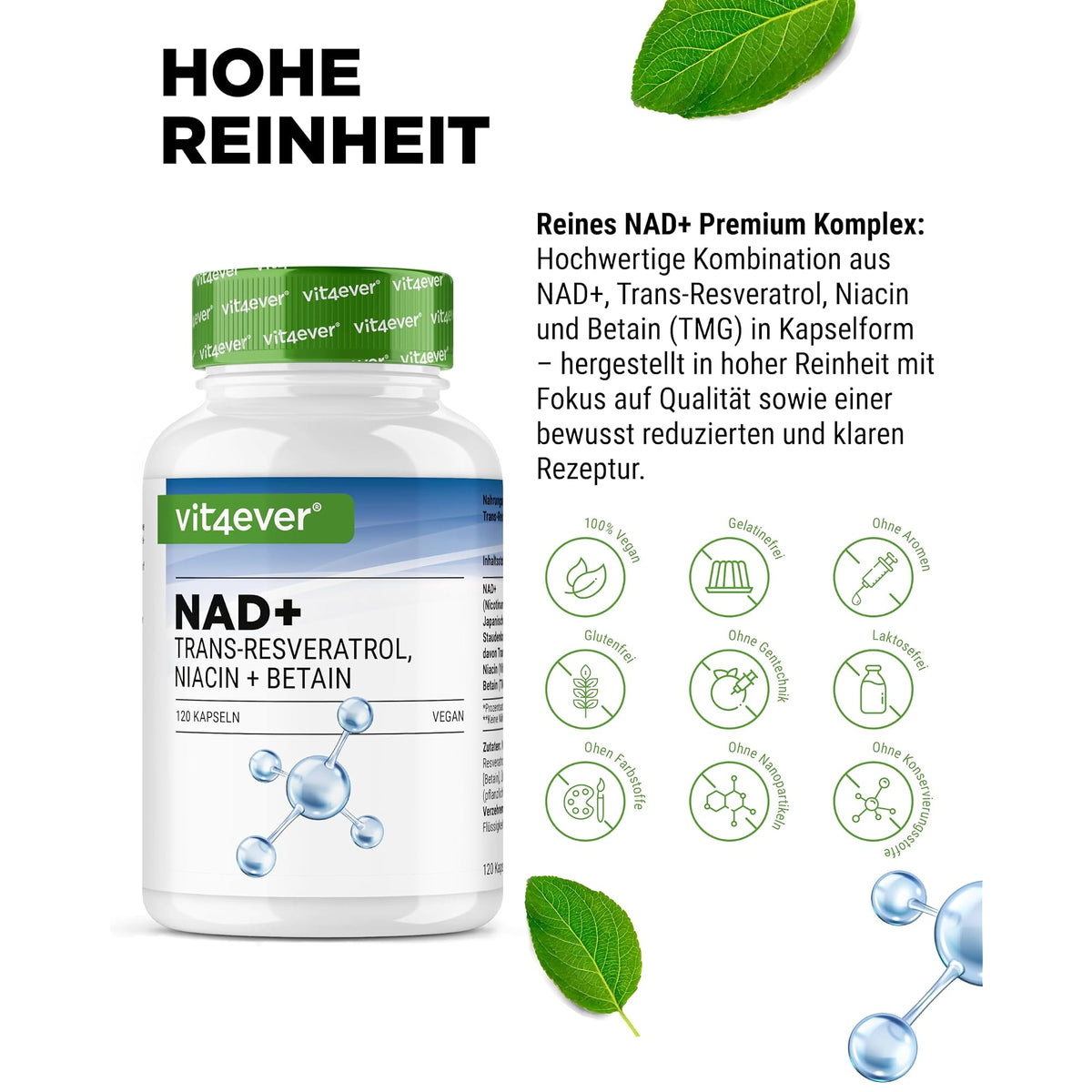 Vit4ever NAD+ mit Trans-Resveratrol, Niacin & Betain 120 Kapseln – Produkt aus der Nähe