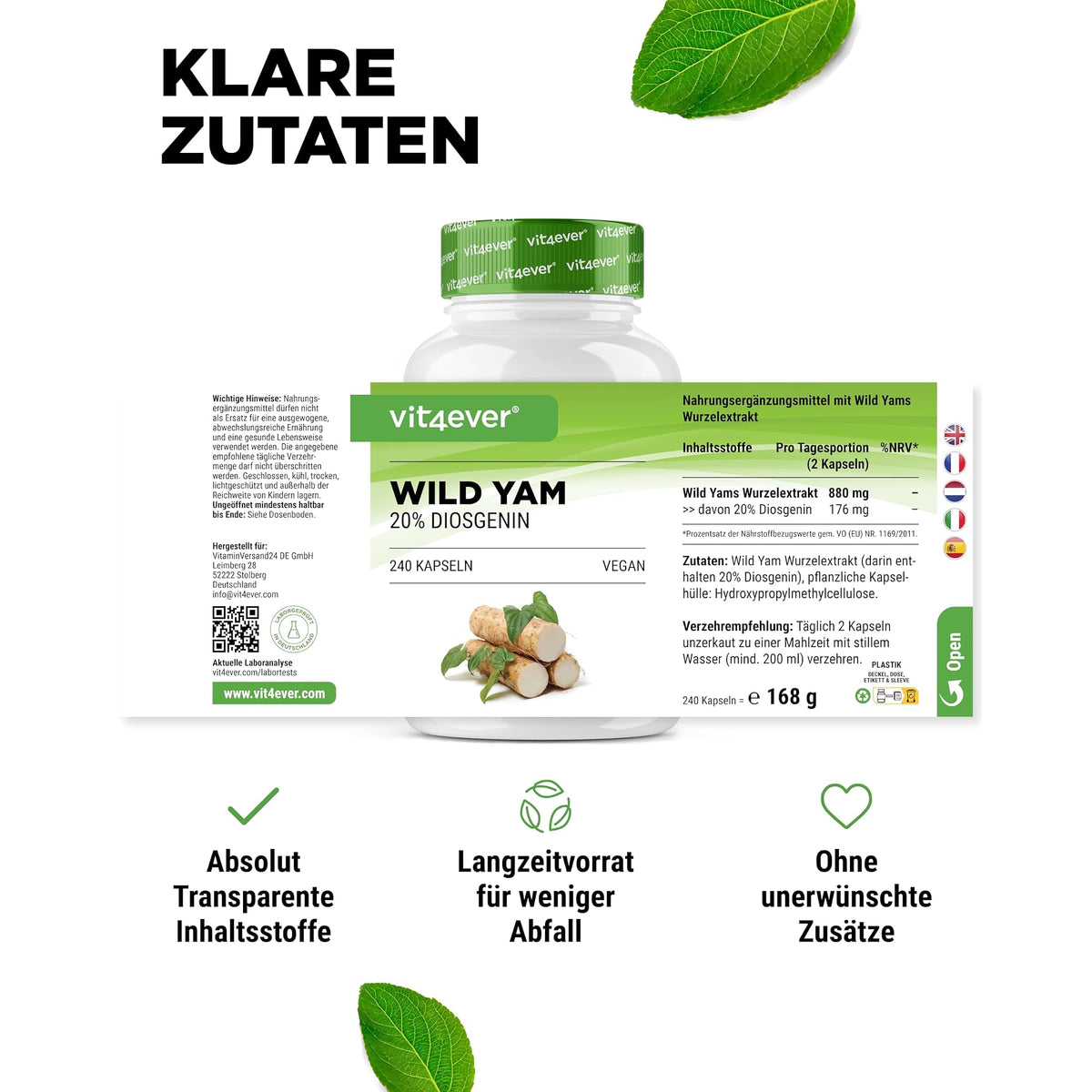 Vit4ever Mexikanischer Wild Yam Wurzelextrakt 20% Diosgenin 240 Kapseln – empfohlene Anwendung und Einnahme