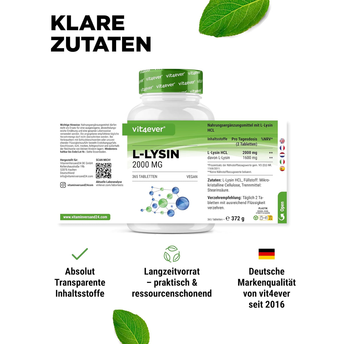 Vit4ever L-Lysin 1000mg Tabletten 160 & 365 Tabletten – empfohlene Anwendung und Einnahme