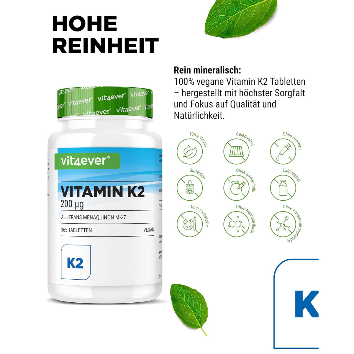 Vit4ever Vitamin K2 MK-7 200 mcg 365 Tabletten – Nährwerte und Zutaten auf der Verpackung