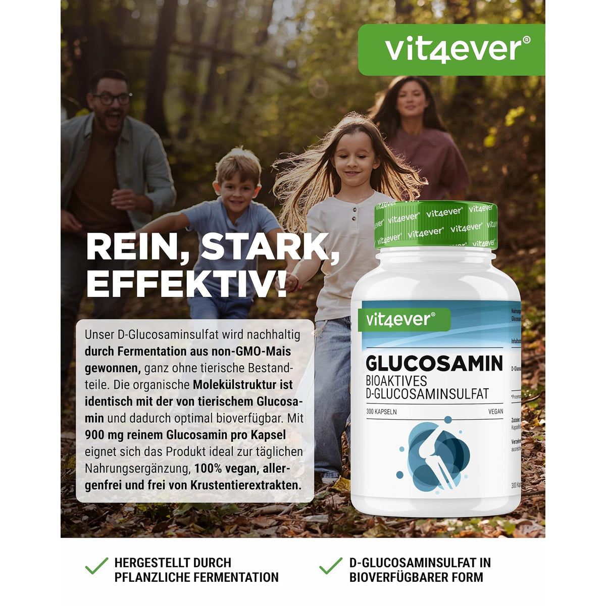 Vit4ever Glucosamin (D-Glucosaminsulfat) 900 mg 300 Kapseln – Etikett mit Inhaltsstoffen und Dosierung