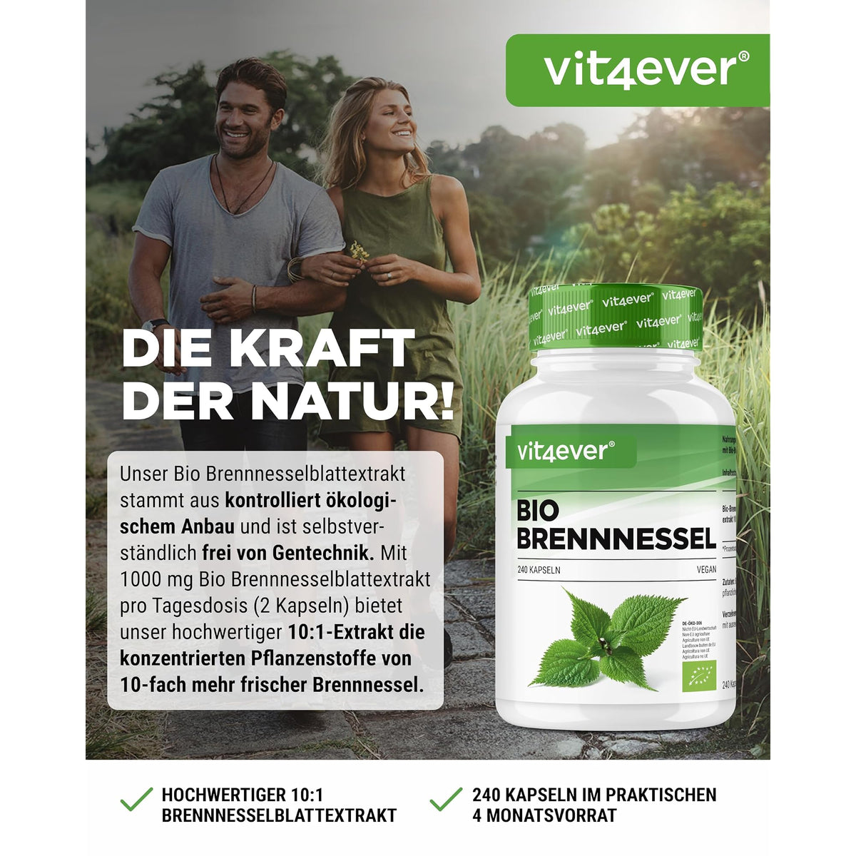 Vit4ever Bio Brennnessel-Extrakt 10:1 240 Kapseln – Etikett mit Inhaltsstoffen und Dosierung