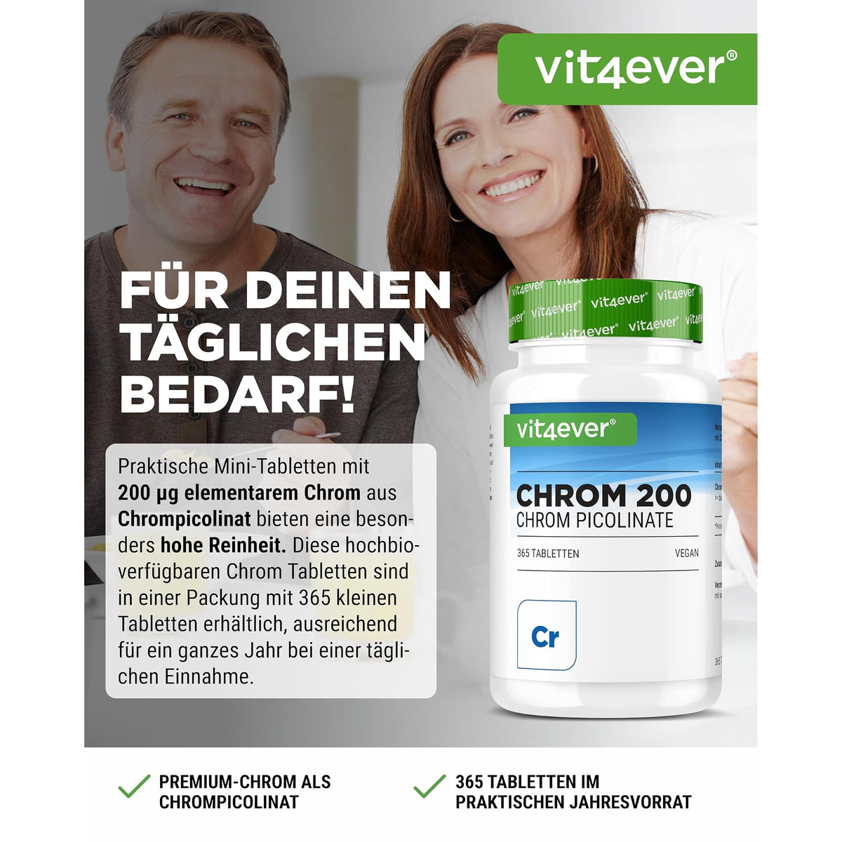 Vit4ever Chrom-Picolinat 200 µg 365 Tabletten – Etikett mit Inhaltsstoffen und Dosierung