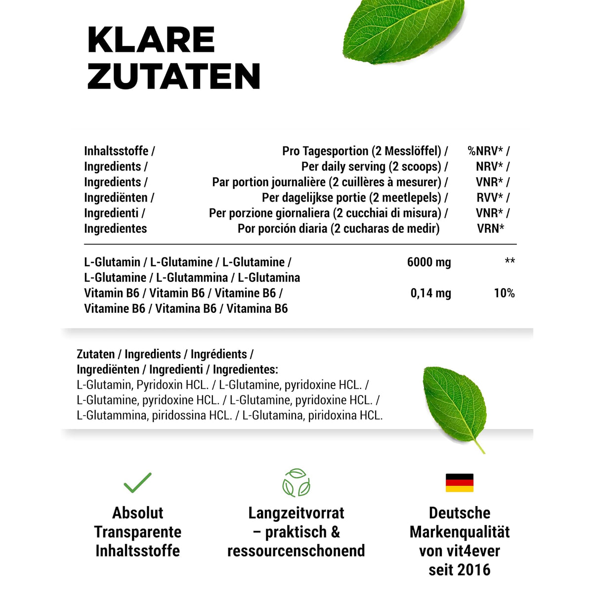 Vit4ever L-Glutamin Pulver 6000mg + B6 1000 Gramm – empfohlene Anwendung und Einnahme