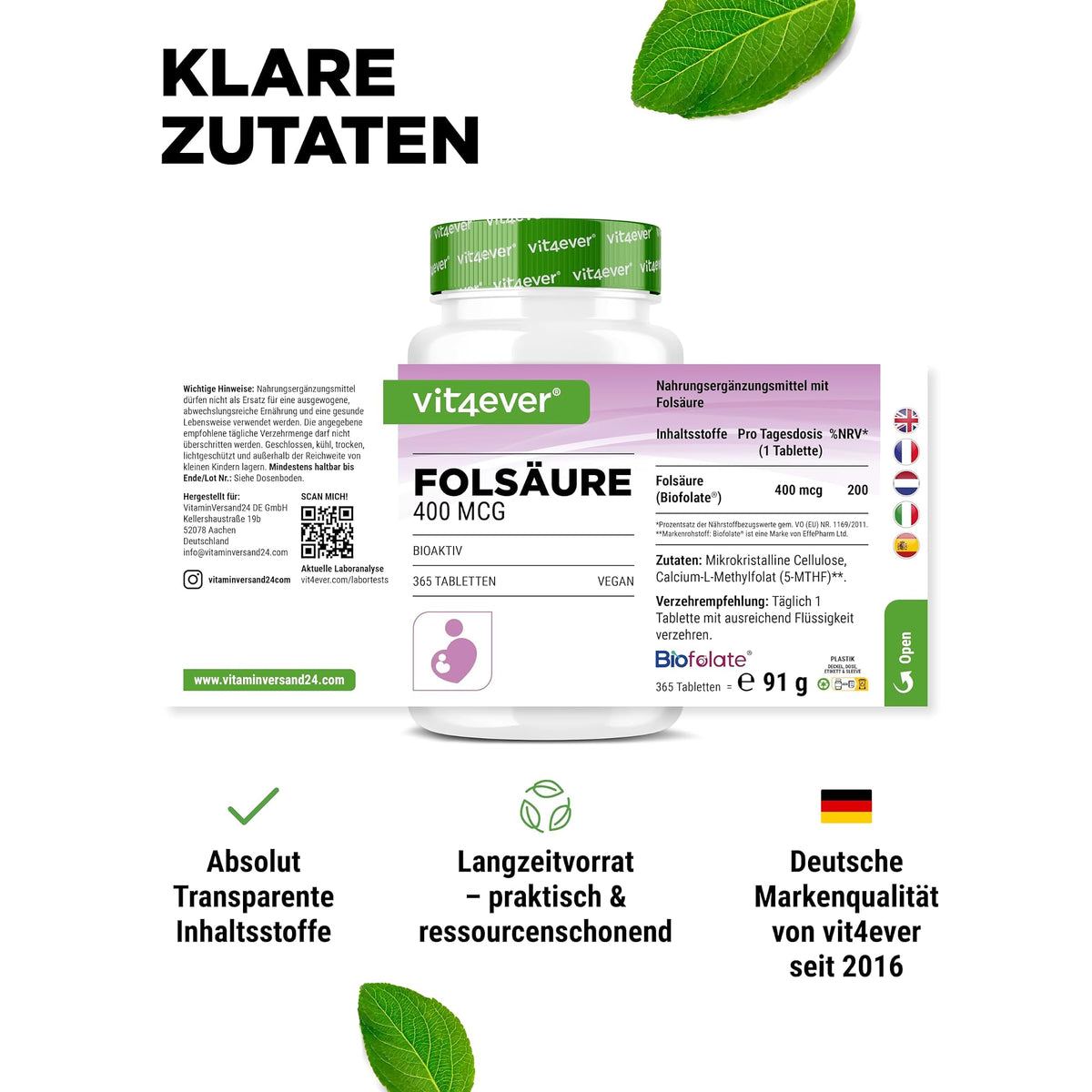 Vit4ever Folsäure 400 mcg 365 Tabletten – Verpackung Rückseite