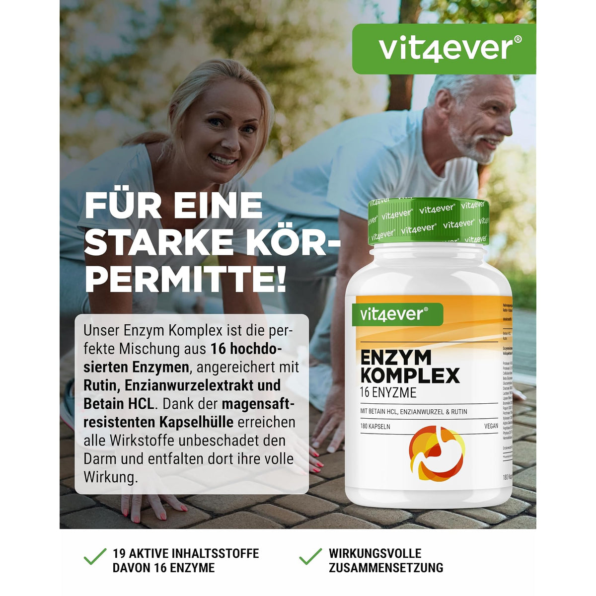 Vit4ever Enzymkomplex mit Bromelain, Papain & Rutin 180 Kapseln – Etikett mit Inhaltsstoffen und Dosierung