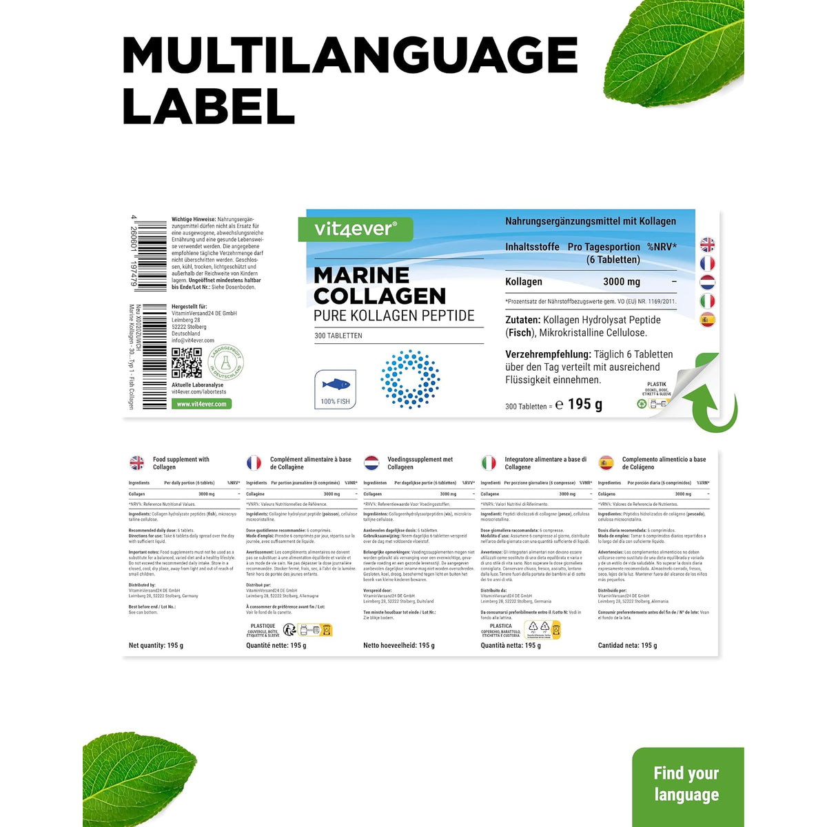 Vit4ever Marine Kollagen 3000mg (Fisch-Kollagen) 300 Tabletten – Verpackung Rückseite