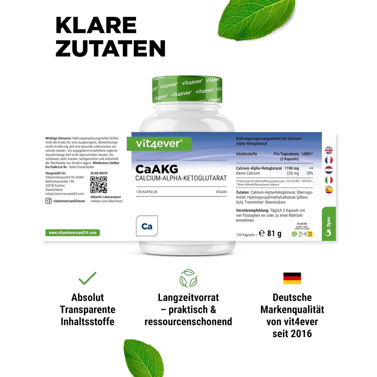 Vit4ever Calcium-Alpha-Ketoglutarat (CaAKG) 120 Kapseln – empfohlene Anwendung und Einnahme