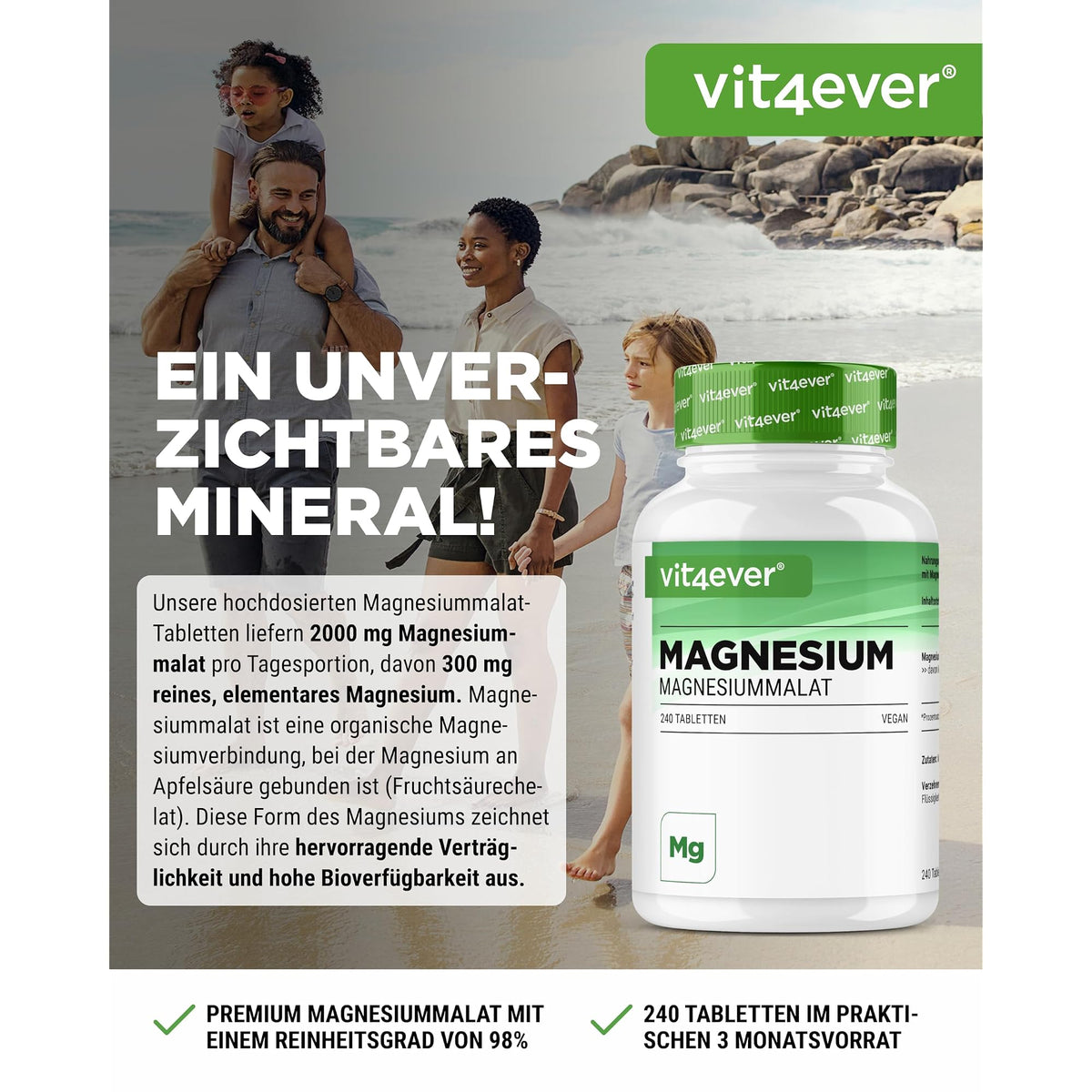 Vit4ever Magnesiummalat 240 Tabletten – Etikett mit Inhaltsstoffen und Dosierung