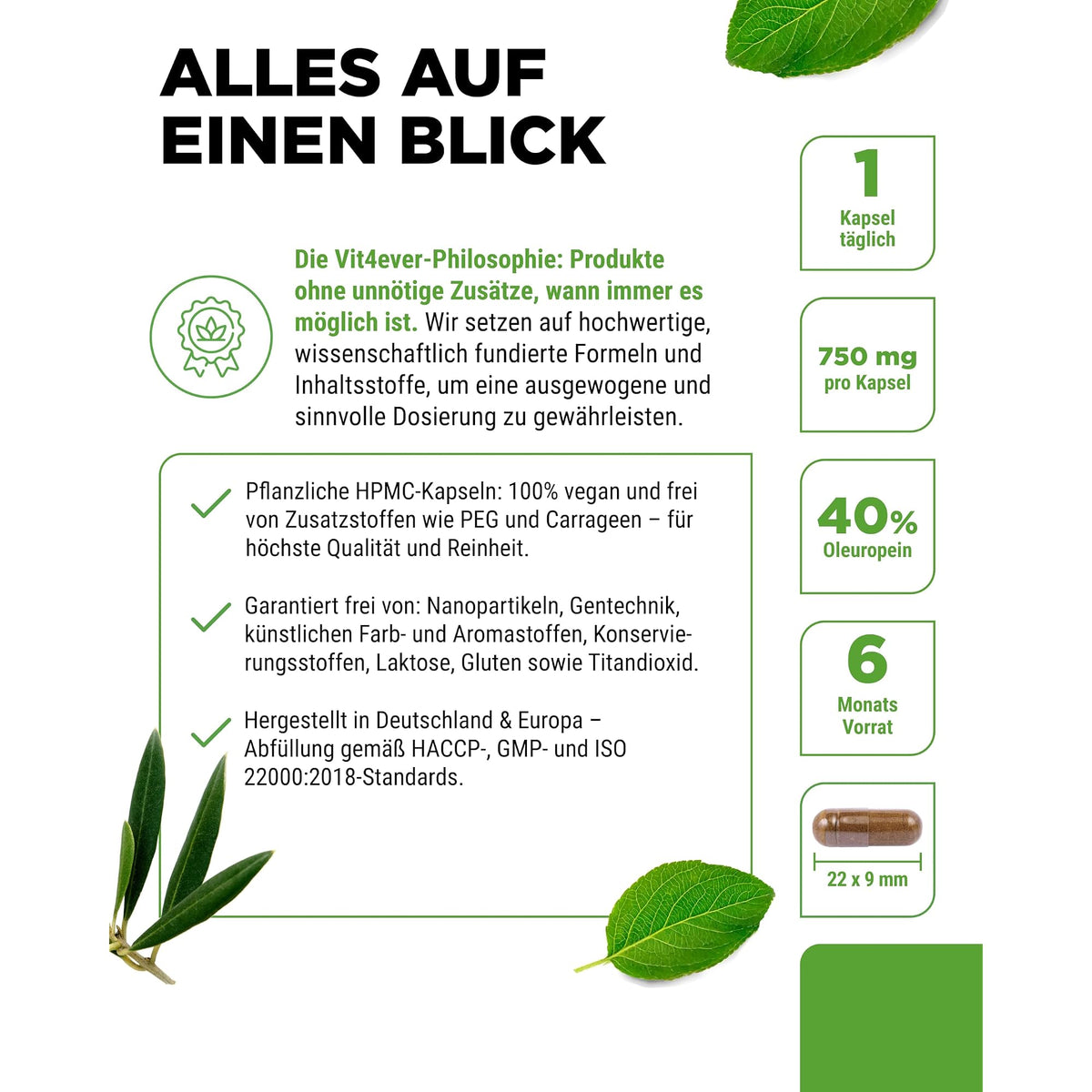 Vit4ever Olivenblattextrakt 650mg (40% Oleuropein) 180 Kapseln – Produkt aus der Nähe