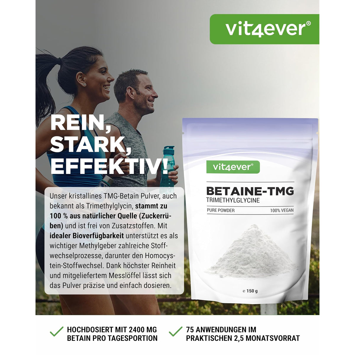 Vit4ever Betain-TMG (Trimethylglycin) Pulver 150 Gramm – Etikett mit Inhaltsstoffen und Dosierung