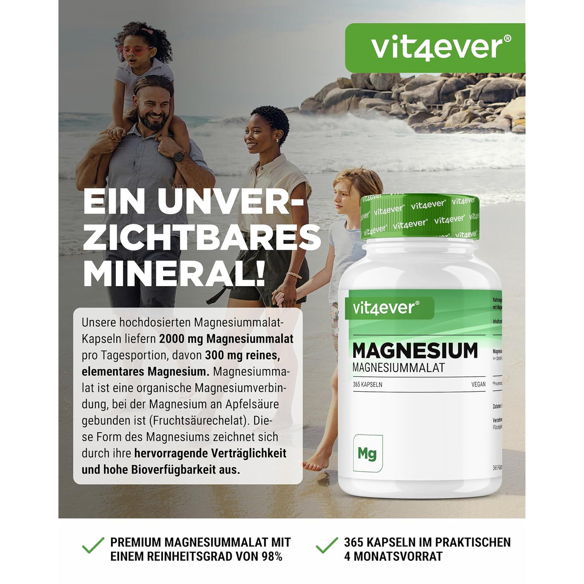 Vit4ever Magnesiummalat 365 Kapseln – Etikett mit Inhaltsstoffen und Dosierung