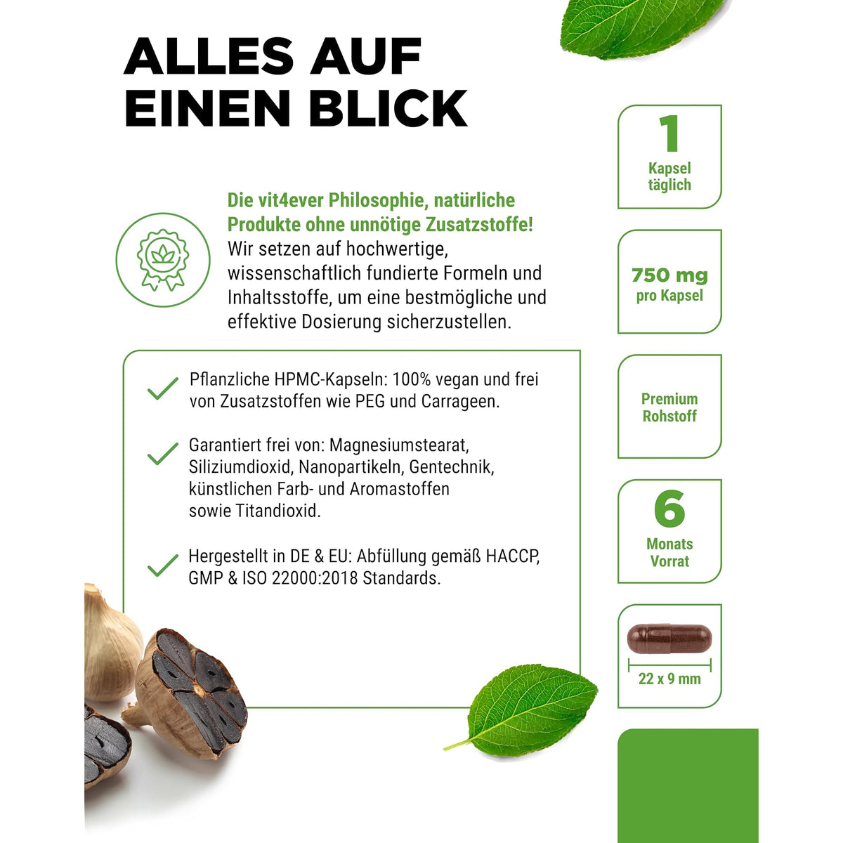Vit4ever Schwarzer Knoblauch Extrakt 15:1 mit S-Allylcystein 180 Kapseln – Produkt aus der Nähe