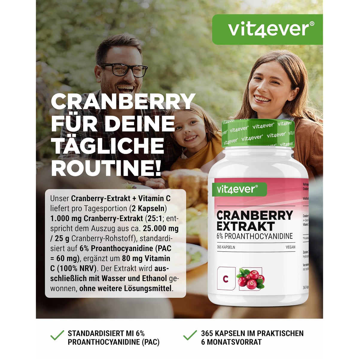 Vit4ever Cranberry-Extrakt 6% Proanthocyanidine 365 Kapseln – Etikett mit Inhaltsstoffen und Dosierung