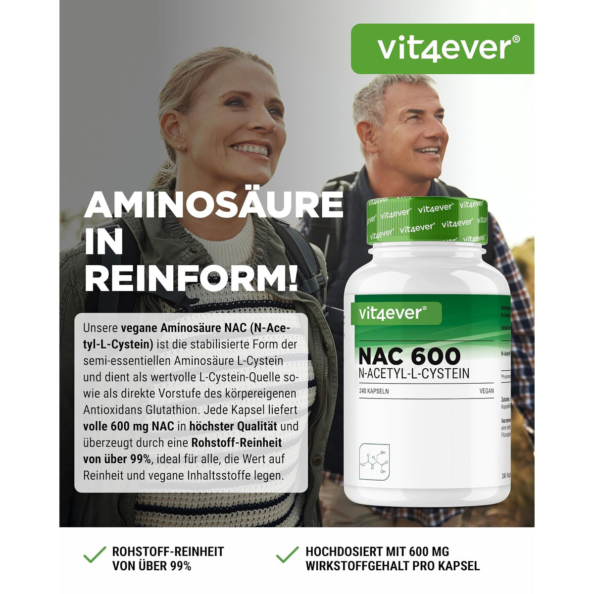 Vit4ever NAC N-Acetyl L-Cystein 600 mg 240 Kapseln – Etikett mit Inhaltsstoffen und Dosierung