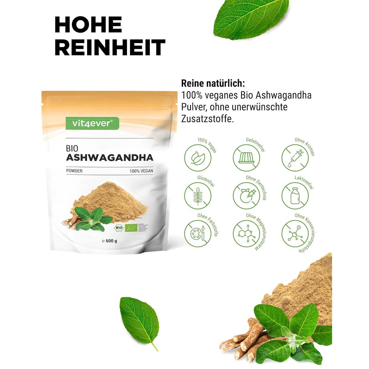 Vit4ever Ashwagandha Pulver Bio 600g – Nährwerte und Zutaten auf der Verpackung