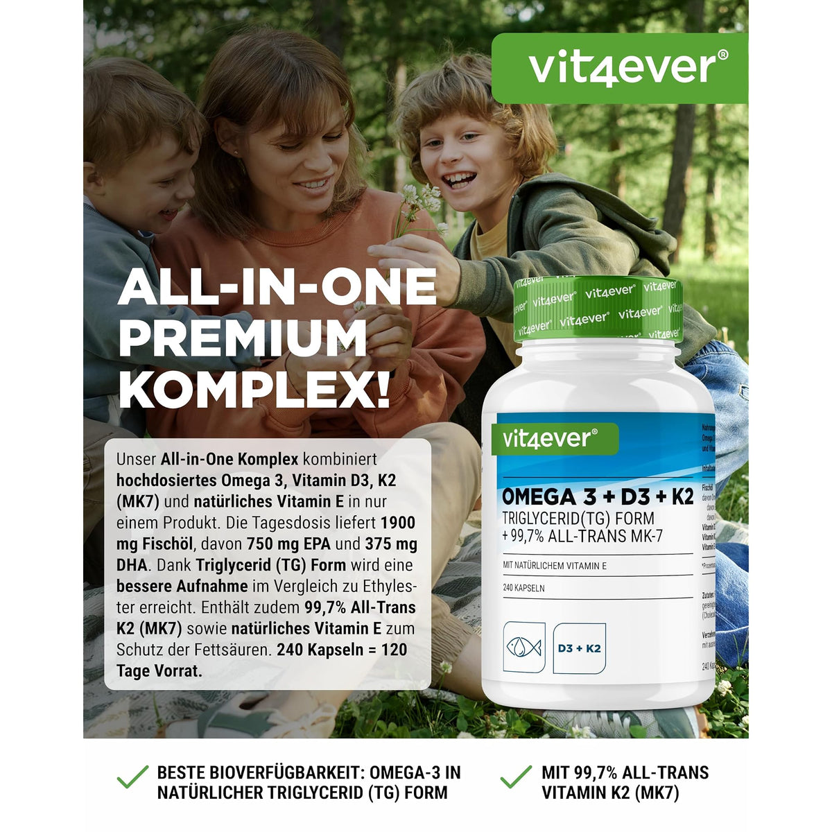 Vit4ever Omega 3 + D3 + K2 Complex 240 Kapseln – Etikett mit Inhaltsstoffen und Dosierung