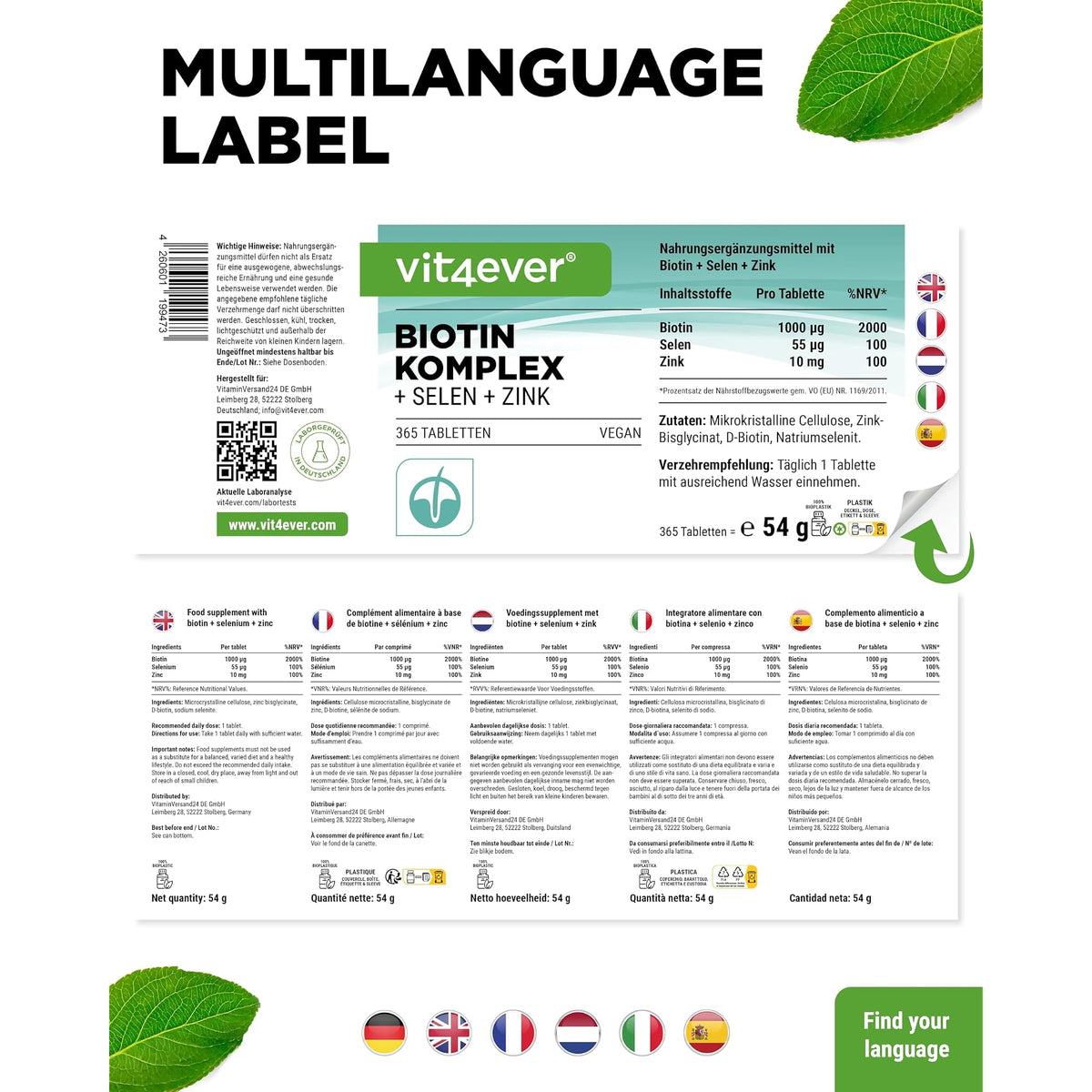Vit4ever Biotin 10.000 µg mit Selen & Zink 365 Tabletten – Verpackung Rückseite